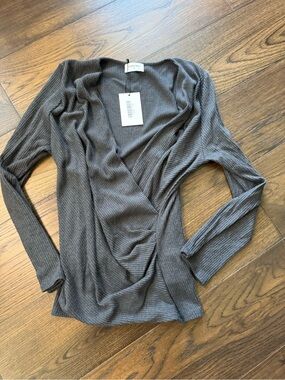 Gray Ribbed Wrap-Front Long Sleeve Top